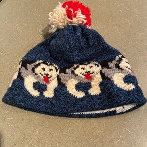 Vintage Wool Blend Husky/Malamute Dogs Knit Pom Beanie USA**